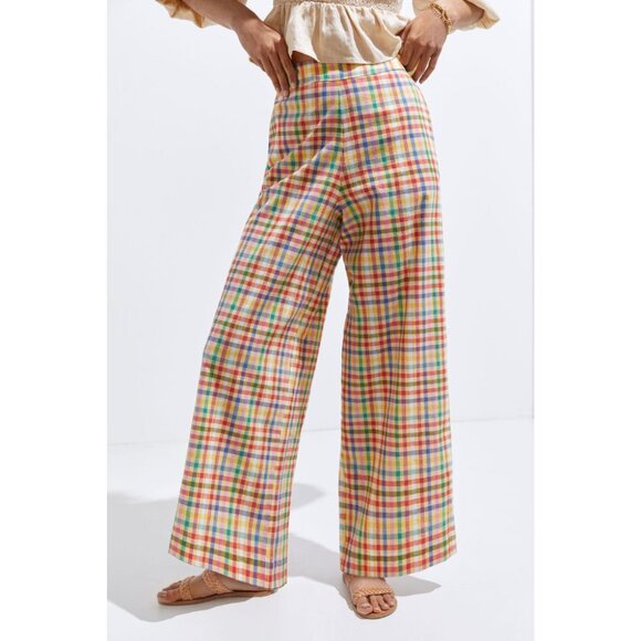 Anthropologie Eva Franco Linen Wide-Leg Plaid Pants Yellow Green Red - Picture 4 of 5